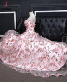 Cheap Pink Prom Dresses A-line Strapless Floral Long Prom Dress Elegant Party Dress KPP0447