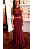 Burgundy Two Piece Open Back Prom Dress with Lace Sweep Train Evening Dress KPP0448