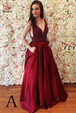 Burgundy Sleeveless V Back Prom Dress with Beads, Cheap Long Prom Dress KPP0450
