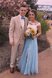 Two Piece Light Sky Blue Off Shoulder Split Lace Tulle Prom Dress with Beading KPP0452