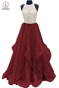 Burgundy Jewel Sleeveless Organza Floor Length Prom Dress with Sequins, Graduation Dress KPP0453