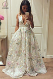 A Line Deep V Neck Sleeveless Long Lace Evening Dress, Sexy Prom Dress with Pockets KPP0454