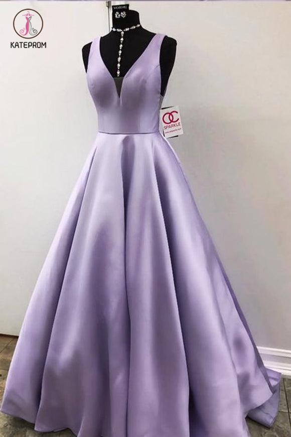Simple Lavender V Neck Sleeveless Prom Dress, Cheap Ruched Graduation Dress KPP0455
