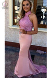 Pink High Neck Mermaid Sleeveless Prom Dress with Lilac Lace, Applique Bridesmaid Dress KPP0456