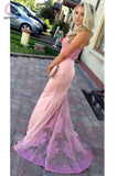 Pink High Neck Mermaid Sleeveless Prom Dress with Lilac Lace, Applique Bridesmaid Dress KPP0456
