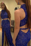 Two Piece High Neck Royal Blue Lace Prom Dress with Slit,Gorgeous Sleeveless Lace Evening Dress KPP0458