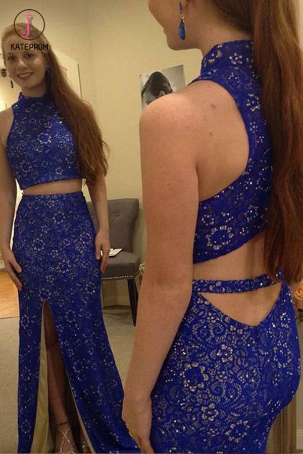 Two Piece High Neck Royal Blue Lace Prom Dress with Slit,Gorgeous Slee –  kateprom