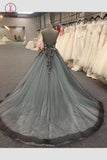 Gray Spaghetti Straps Sweetheart Long 3D Floral Cheap Tulle Prom Dresses KPP0459