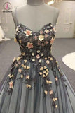 Gray Spaghetti Straps Sweetheart Long 3D Floral Cheap Tulle Prom Dresses KPP0459