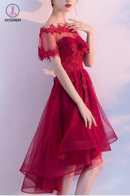 Unique Sweetheart Red High Low Lace Up Back Tulle Cheap Prom Dress With Appliques KPP0465