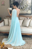 Light Blue One Shoulder Chiffon Formal Dresses Pleats Sheer Illusion Back Prom Gown KPP0466