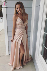 Spaghetti Straps V Neck Slit Prom Dress with Beading, Beaded Prom Gown, Party Dress KPP0467