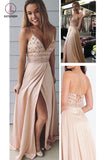 Spaghetti Straps V Neck Slit Prom Dress with Beading, Beaded Prom Gown, Party Dress KPP0467