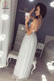 A Line V Neck Sequined Party Dress, Silver Spaghetti Straps Sleeveless Tulle Prom Dress KPP0468