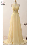 A Line Jewel Sleeveless Appliqued Prom Dress with Beading,Yellow Chiffon Evening Dress KPP0469