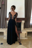 Sexy See Through Long Sleeves Side Slit Prom Dress with Lace, Charming Long Evening Dress KPP0470