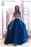 Dark Blue Strapless Tulle Prom Dress, Long Evening Dress with Beading, A Line Prom Dress KPP0471