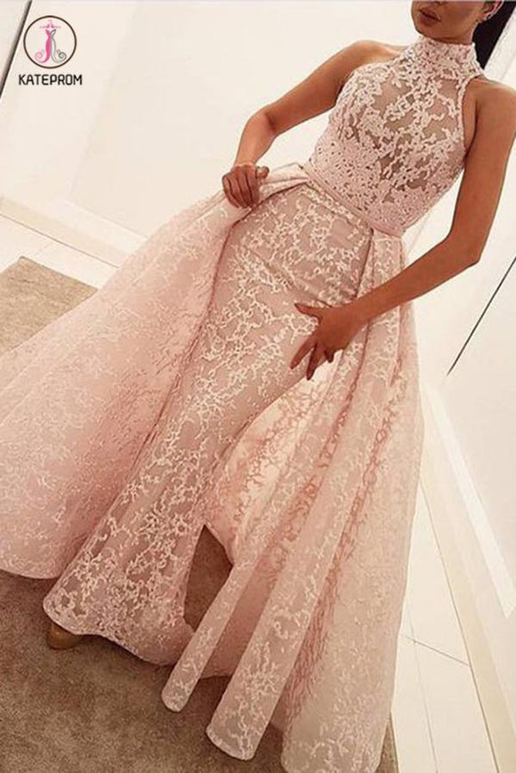 Unique Mermaid High Neck Sleeveless Sweep Train Pearl Pink Lace Prom Dress KPP0472