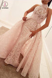 Unique Mermaid High Neck Sleeveless Sweep Train Pearl Pink Lace Prom Dress KPP0472