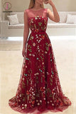 Elegant Burgundy Long A-line Sleeveless Prom Dress with Flowers, New Party Dress KPP0477