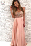 Gorgeous Beaded Prom Dresses, Peach Chiffon Long Prom Dress,V-Neck Party Dress KPP0479
