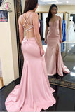 Sexy Mermaid Pink Prom Dress with Split, Criss-Cross Back Long Evening Dress KPP0480