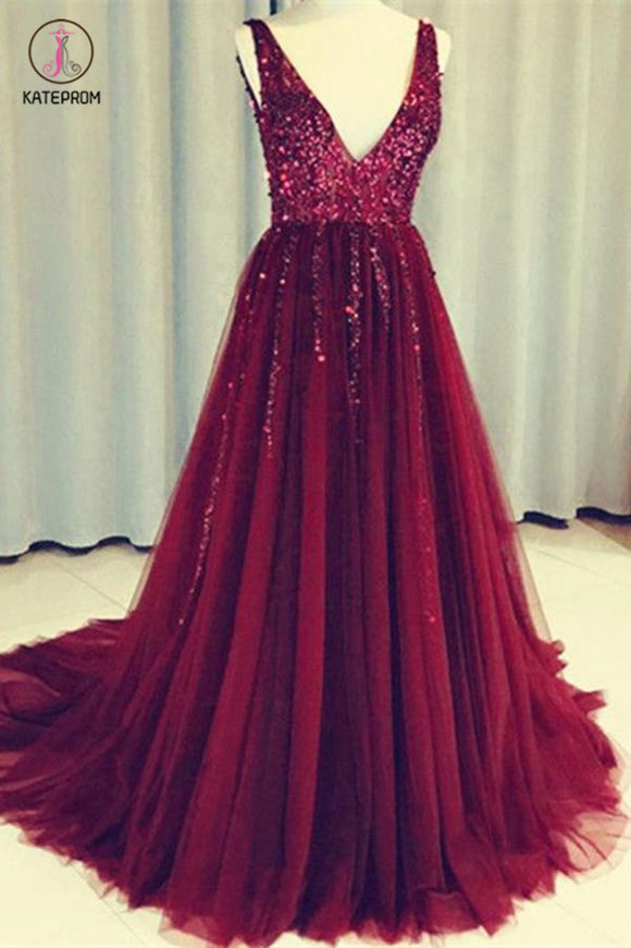 Dark Red V Neck Sleeveless Tulle Prom Dress with Sequins, Long Sequined Evening Dress KPP0485
