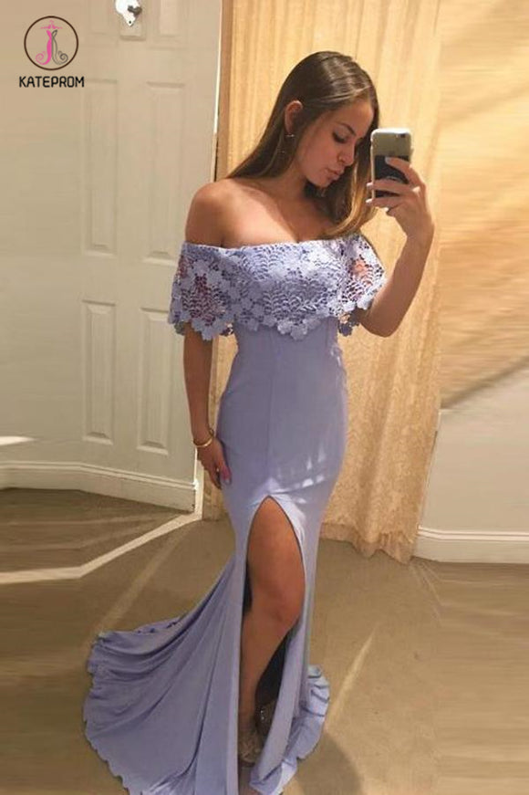 Lavender Off Shoulder Mermaid Split Evening Dress with Lace, Sexy Slit Prom Dress KPP0486