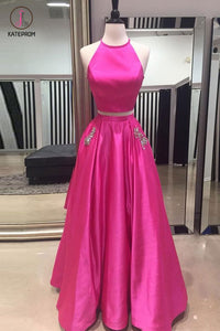 Hot Pink Halter Two Pieces Prom Dress with Pockets, Floor Length Formal Dresses KPP0487