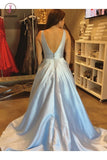 Simple A Line V Neck Sleeveless Sweep Train Evening Dress, Light Blue Cheap Prom Dress KPP0488