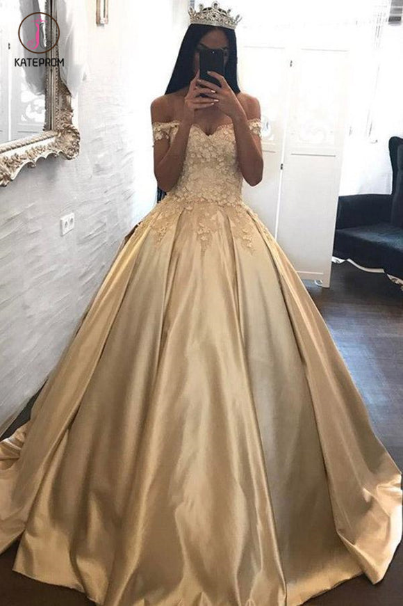 Ball Gown Off Shoulder Prom Dress with Appliques, Long Satin Quinceanera Dresses KPP0492