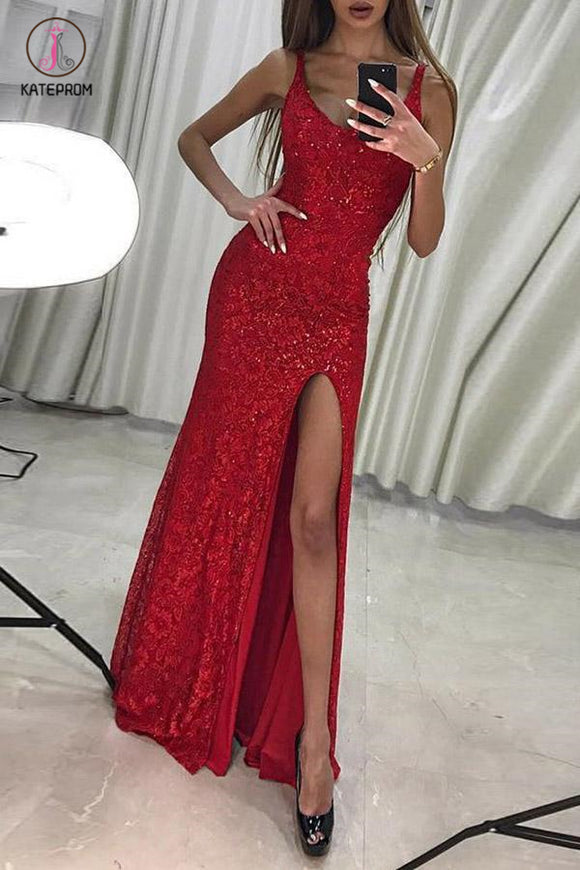 Floor Length Mermaid Scoop Red Sequined Prom Dress with Slit, Sexy Sequined Formal Dress KPP0493
