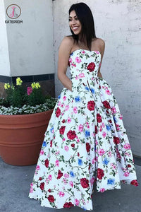 A-Line Strapless High Low White Printed Prom Dress with Pockets, Floral Party Dress KPP0494