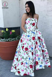 A-Line Strapless High Low White Printed Prom Dress with Pockets, Floral Party Dress KPP0494
