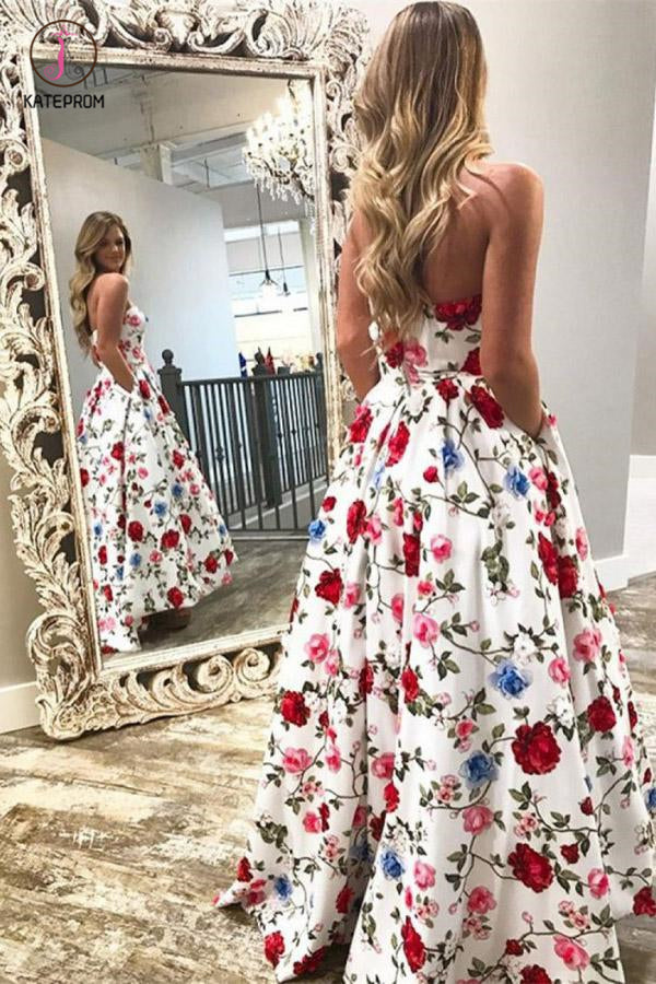 white and floral dress Open-Back Blue Floral-Print Long White Lace Prom Dress Blue/Print / 6