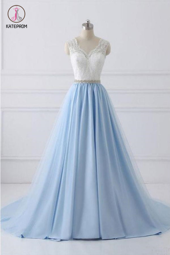 A Line V-neck Lace Appliques Bodice Long Prom Dresses,Elegant Prom Dress with Beads KPP0495