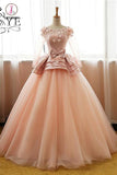 Ball Gown Long Sleeve Tulle Prom Dress with Flowers, Puffy Quinceanera Dresses KPP0496