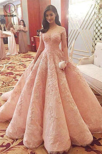 Ball Gown Gorgeous Short Sleeve Long Formal Dress, Lace Appliqued Prom Dress KPP0497