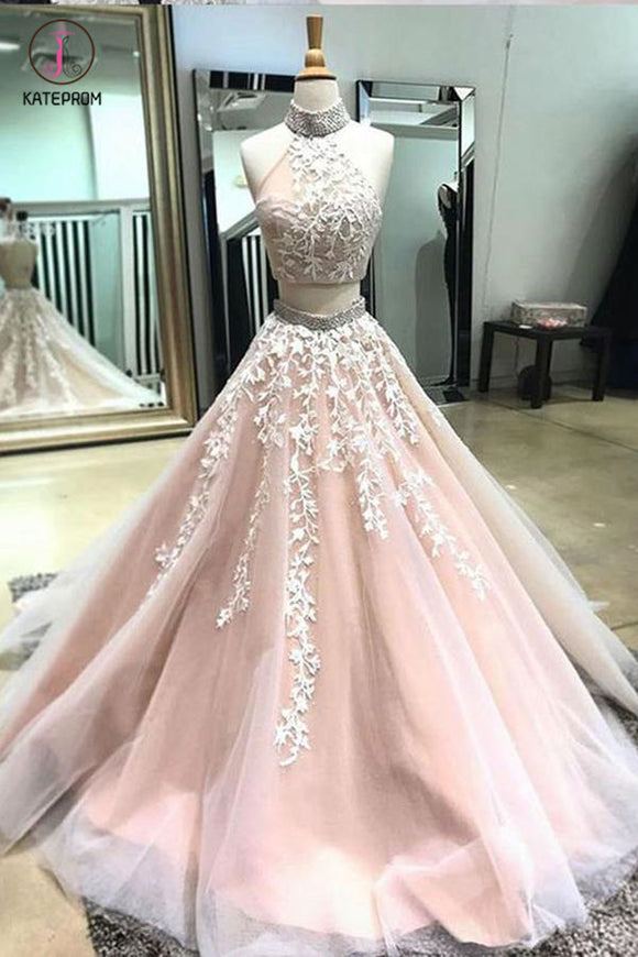 Two Piece High Neck Open Back Appliques Prom Dress with Beads, Long Formal Dress KPP0501