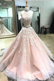 Two Piece High Neck Open Back Appliques Prom Dress with Beads, Long Formal Dress KPP0501