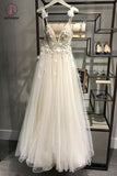 Spaghetti Strap V Neck Long Tulle Prom Dress with Flowers, Beach Wedding Gown KPP0502