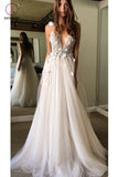 Spaghetti Strap V Neck Long Tulle Prom Dress with Flowers, Beach Wedding Gown KPP0502