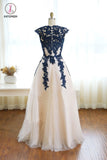 Dark Blue Appliques Ivory Tulle Prom Dress, Floor Length Elegant Evening Dresses KPP0503