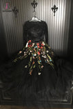 Two Piece Long Sleeves Black Lace Bodice Tulle Prom Dress with Appliques KPP0506