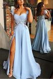 A Line Cap Sleeve Sweetheart Long Split Prom Dress with Appliques, Charming Formal Dress KPP0507