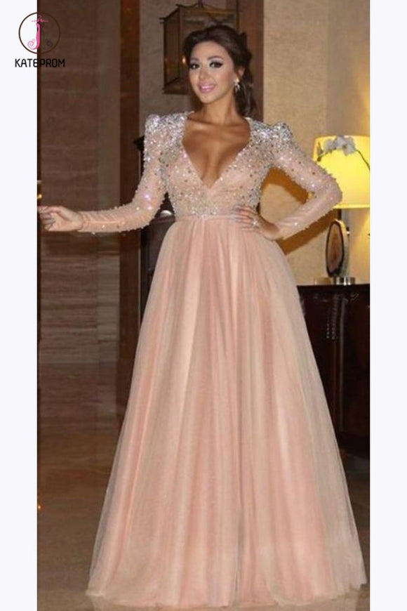Elegant Long Sleeve Formal Dress with Beads, A Line Sparkle V Neck Evening Dresses KPP0508