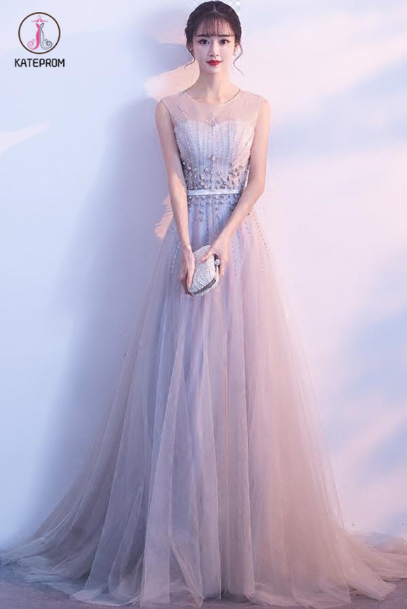 Gray Sleeveless Tulle Long Prom Dress with Beads, A Line Formal Dress with Flowers KPP0510