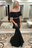 Black Two Piece Off Shoulder Formal Dresses, Long Mermaid Prom Dresses KPP0511