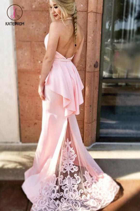 Mermaid Halter Pink Formal Dress with Lace, Sexy Long Backless Satin Prom Dresses KPP0512
