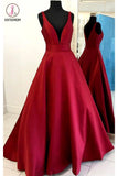 Burgundy Deep V Neck Satin Long Prom Dress, Floor Length Formal Evening Gown KPP0513